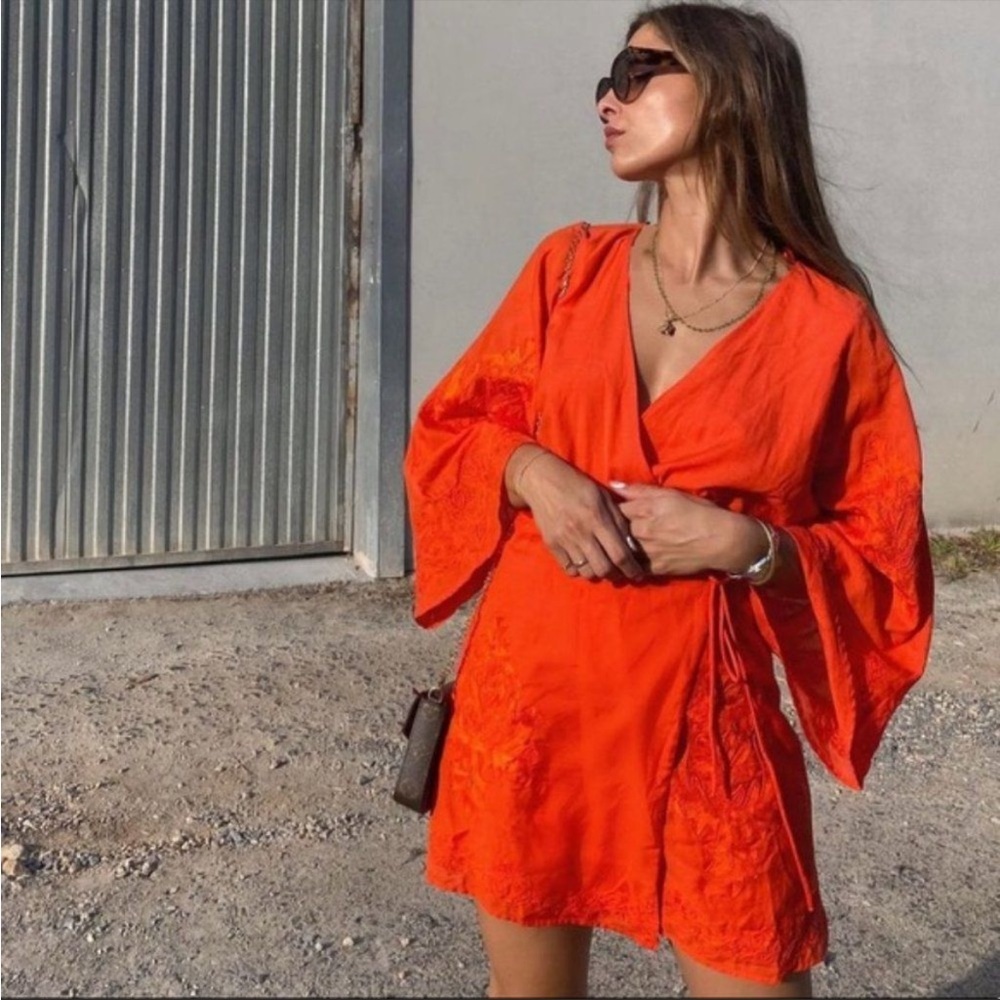 Zara Wrap Kimono Embroidered Dress Short Red New